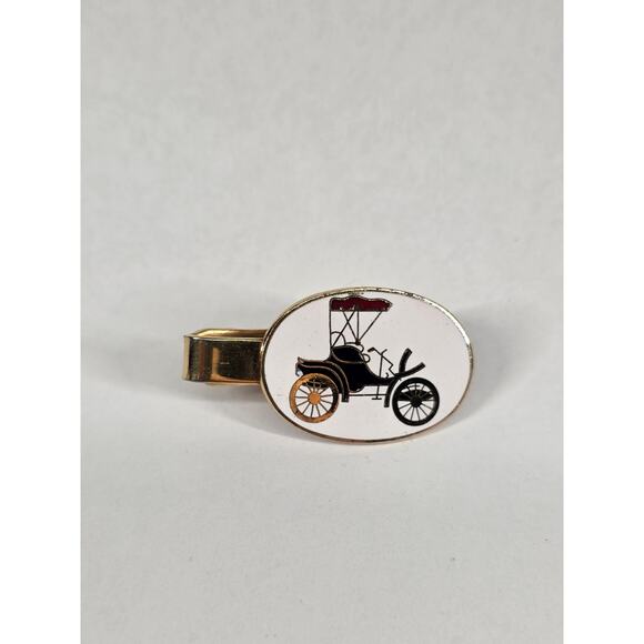 Vintage Enamel Tie Clip with Antique Car Design Gold Tone 1.25" - Picture 1 of 5